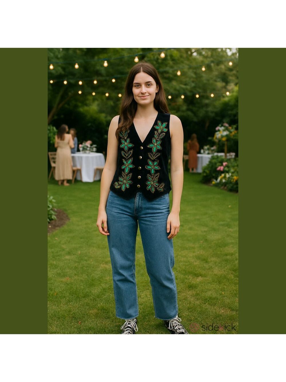 Vintage Velvet Black Vest with Green Floral Design 90s Cottagecore Holiday